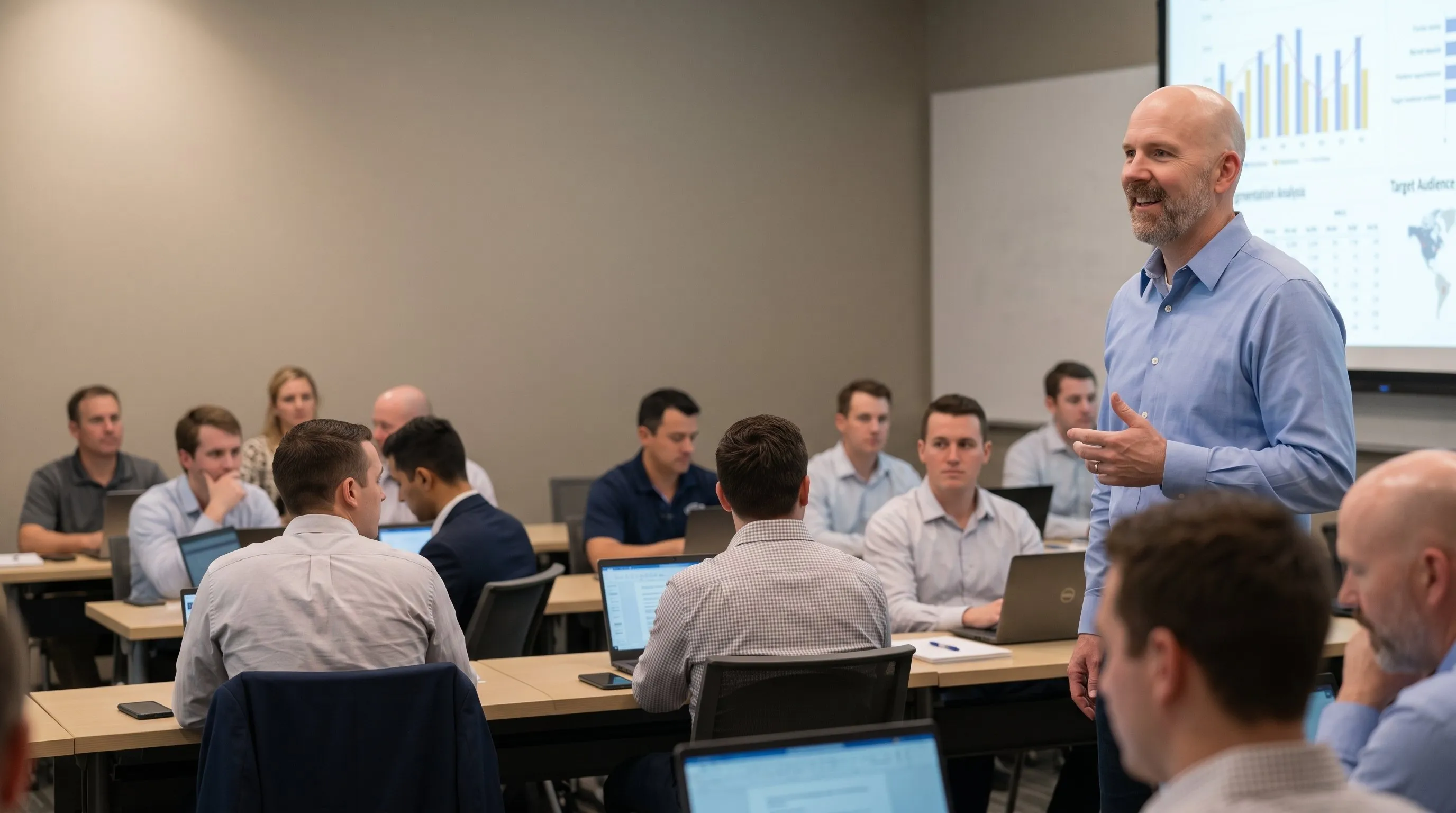 Andrew Moore teaching a live session to a room of MSP professionals working on laptops.