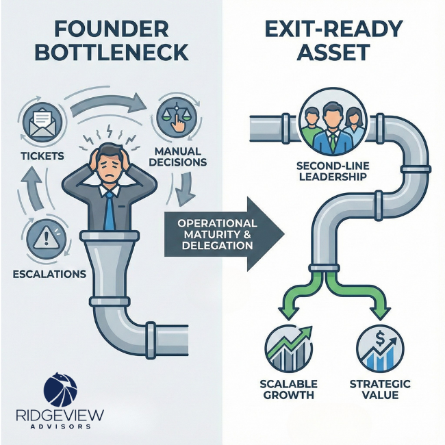 Ridgeview Advisors: an MSP founder stepping back from the ticket board as a second line of leadership runs the service delivery engine.