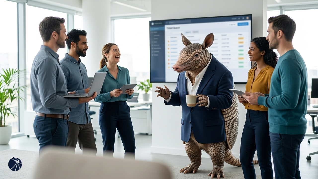 The Ridgeview Advisors armadillo, in a navy blazer with a coffee mug, leads a morning stand-up huddle with an MSP service desk team.